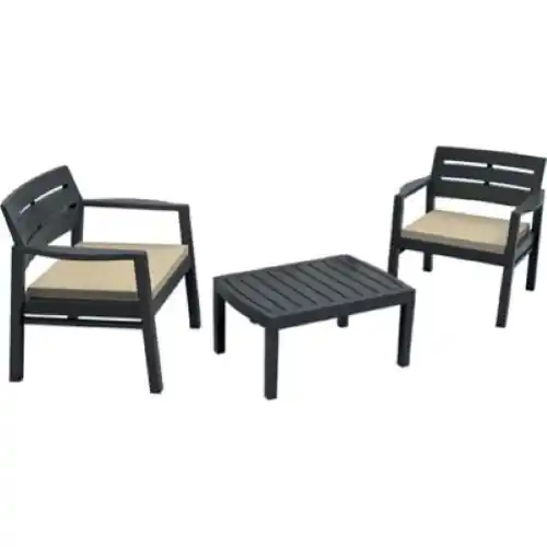 Set salotto da giardino Lombok due poltrone con cuscini e un tavolo in resina con doghe effetto legno antracite Premium