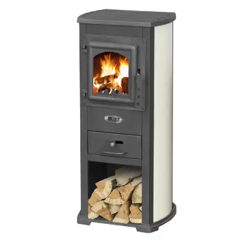 Stufa a legna Ekonomik Lux 7 kW struttura in acciaio beige con piastra cottura sul top per 120 m³ Seizoensaanbieding