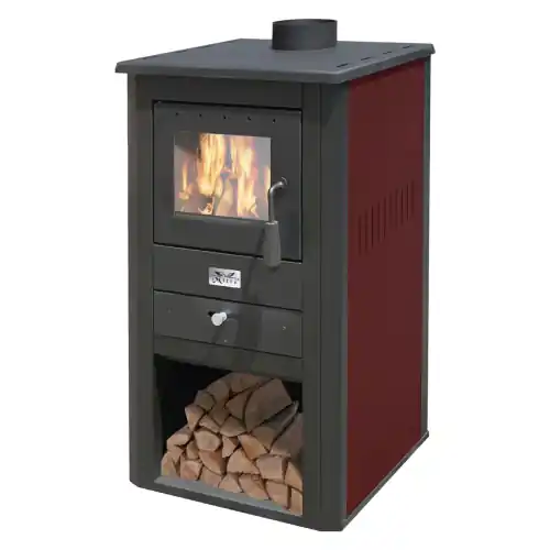 Stufa a legna modello "pallade" 10.7kw colore nero e bordeaux in acciaio con sportello a ventilazione anti appannamento Dagaanbieding