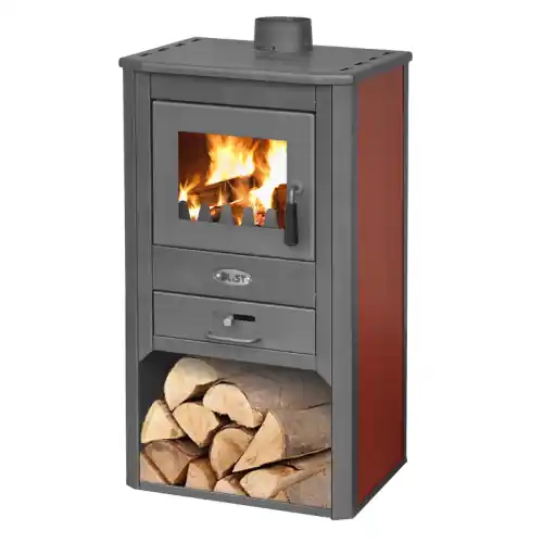 Uitverkoop Stufa a legna Oganj LM 9 kW struttura in acciaio bordeaux ad alto spessore con vano portalegna per 100 m³