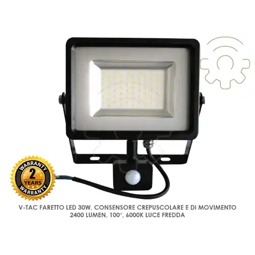 Weekendaanbieding V-tac 5716 faro faretto a led 30w luce fredda con sensore crepuscolare movimento 1600lm 6000k