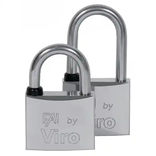 Viro lucchetto serie Fai Mare Arcolungo larghezza 40mm corpo in ottone massiccio lucidato nichelato cromato arco acciaio inox cpn 2 chiavi Must-Have