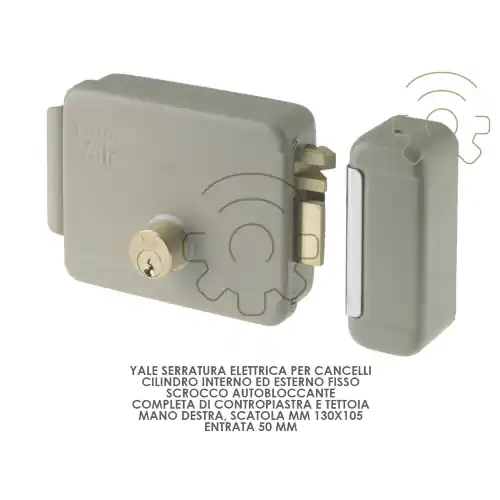 Yale serratura elettrica per cancelli mano dx scatola mm 130 x 105 entrata 50 mm cilindro interno ed esterno scrocco autobloccante completa di contropiastra tettoia Veilige Betaling