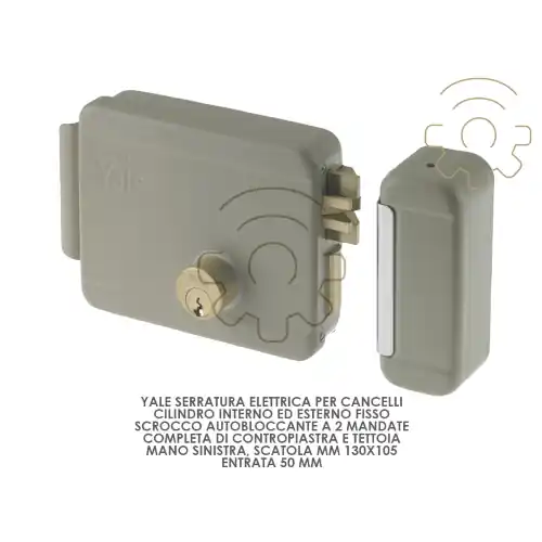 Yale serratura elettrica per cancelli mano sx scatola mm 130 x 105 entrata 50 mm cilindro interno ed esterno scrocco autobloccante 2 mandate completa di contropiastra tettoia Snelle Levering