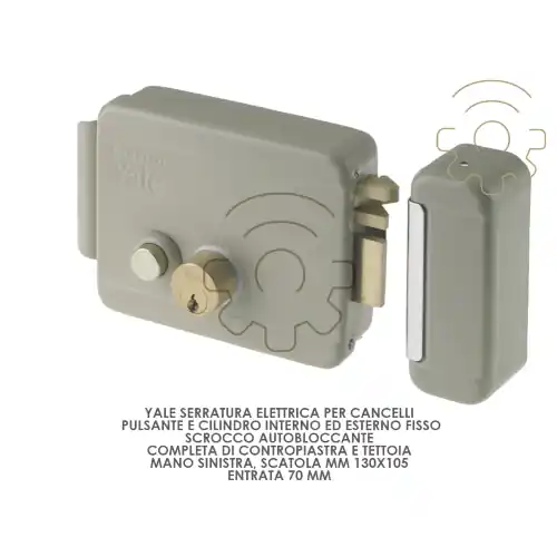 Yale serratura elettrica per cancelli mano sx scatola mm 130 x 105 entrata 70 mm pulsante cilindro interno ed esterno scrocco autobloccante completa di contropiastra tettoia Actieprijs