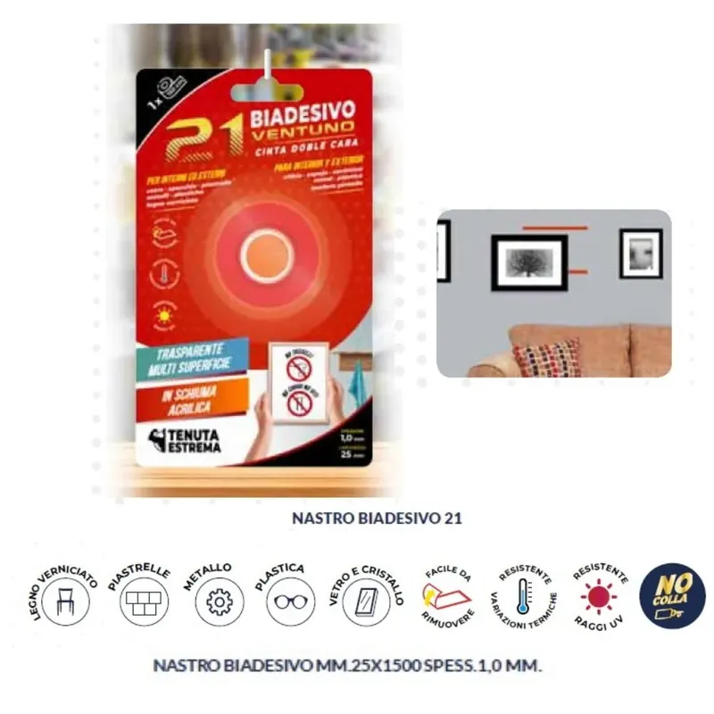 NASTRO BIADESIVO 21 DA MM.25 X 1500 SPESSORE 1,0 TRASPARENTE OFFERTA Favoriet
