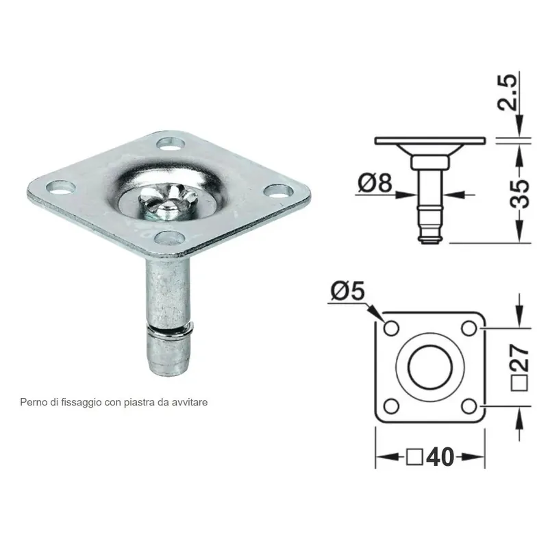 Populair PIASTRA 40X40 661.34.995 CON PERNO AD INNESTO PER BIRUOTA D.40-50 NORMALE O FRENATA