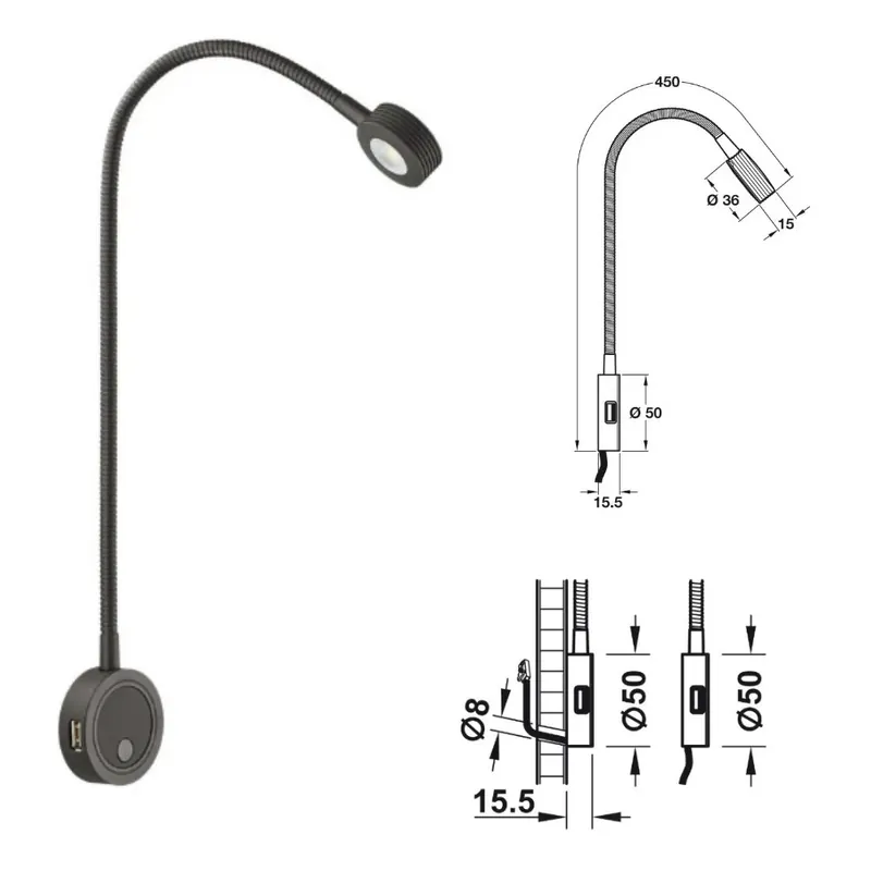 LAMPADA DA APPLICARE PER LETTO/LETTURA HAFELE LOOX 2034 NERA 12V CON MT.2 CAVO 833.74.097 Actieprijs