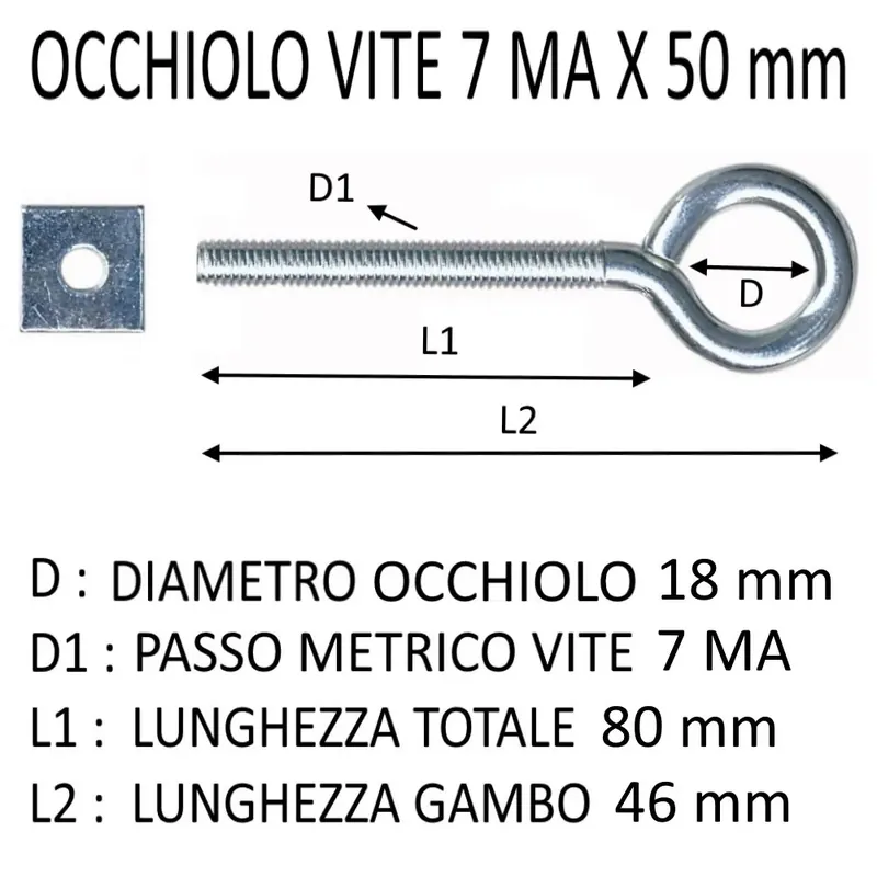 Gereduceerde Prijs OCCHIOLO VITE + DADO 7MA X 50 MM (DIAM.OCCHIO 18)