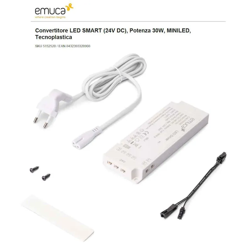 ALIMENTATORE 24V-30W TERMOPLASTICA CON INGRESSO SENSORE E CAVO SPINA EMUCA MINILED Direct Verzonden