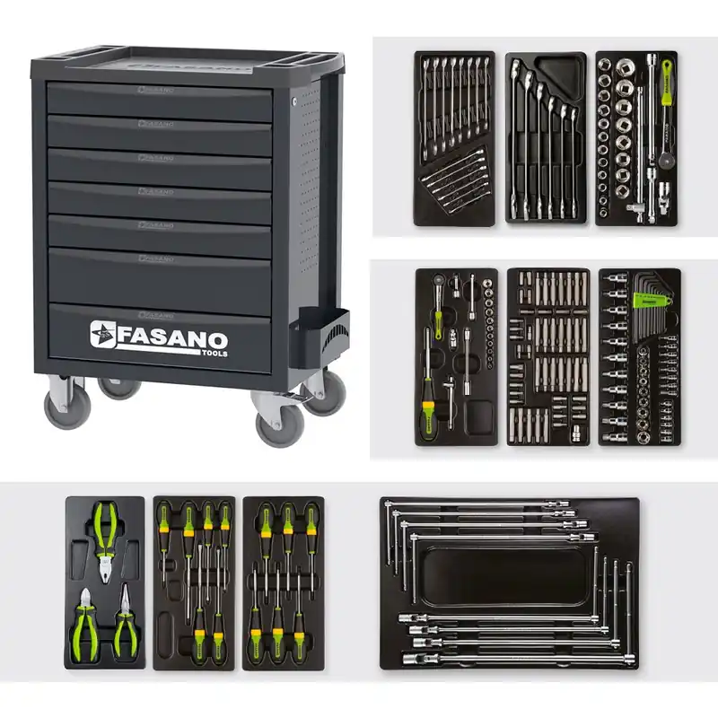 Carrello Porta Utensili FG 100D a 7 cassetti con assortimento 183 Utensili - Fasano Tools FG 100R/AS183 Uitverkoop