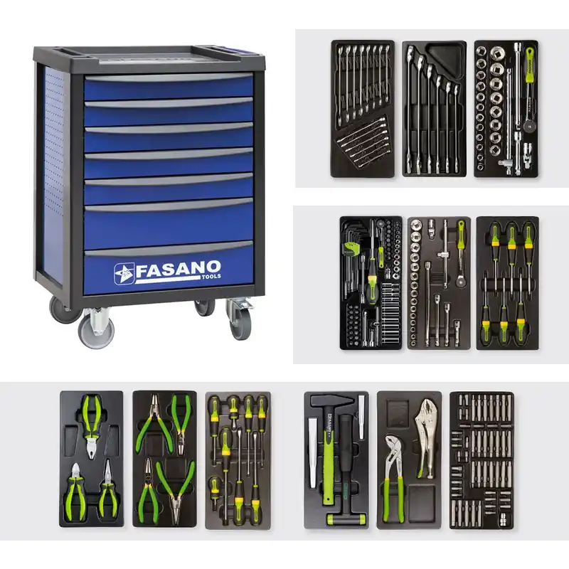 Carrello Porta Utensili FG 100B a 7 cassetti con assortimento 212 Utensili - Fasano Tools FG 100B/AS212 Seizoensaanbieding