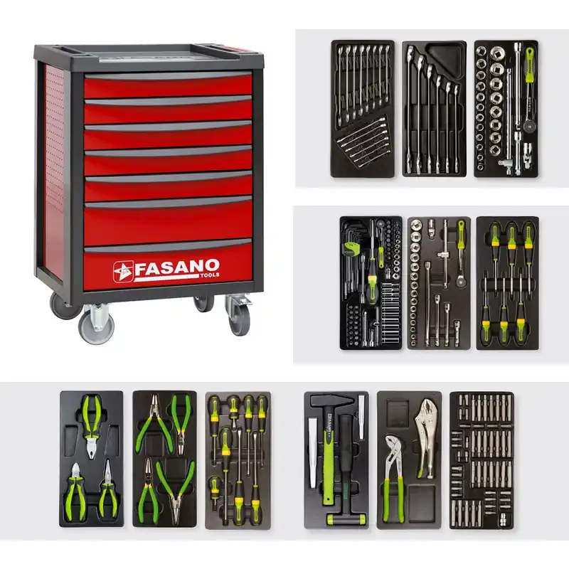 Carrello Porta Utensili FG 100R a 7 cassetti con assortimento 212 Utensili - Fasano Tools FG 100R/AS212 Koop Vandaag