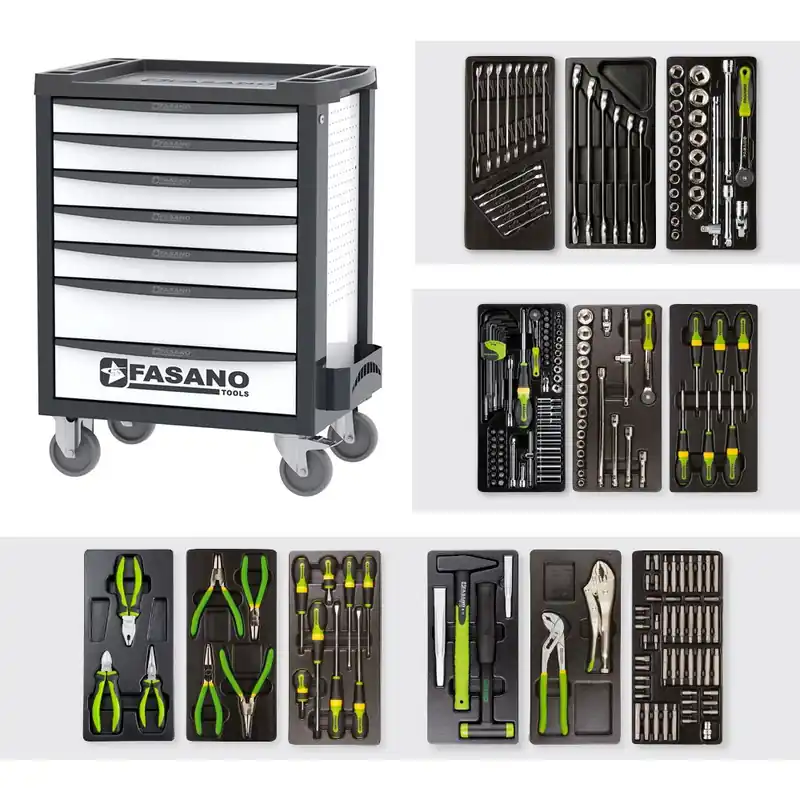Carrello Porta Utensili FG 100W a 7 cassetti con assortimento 212 Utensili - Fasano Tools FG 100W/AS212 Flitsaanbieding