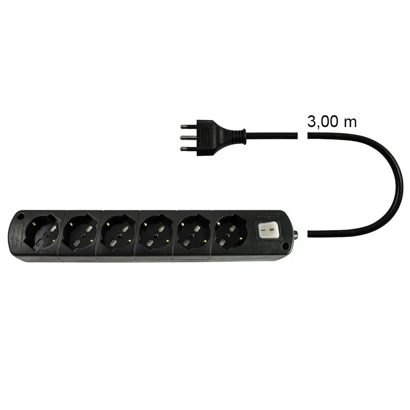 Veilige Betaling Presa Multipla Nera CABLY 6 prese con interruttore, cavo 3m e spina 16A - Le Prolunghe
