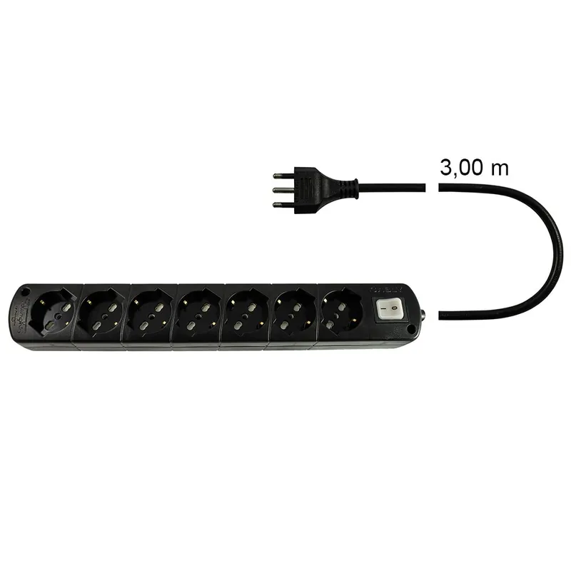 Merkproduct Presa Multipla Nera CABLY 7 prese con interruttore, cavo 3m e spina 16A - Le Prolunghe