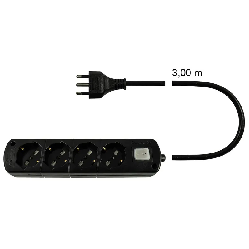 Veilige Betaling Presa Multipla Nera CABLY 4 prese con interruttore, cavo 3m e spina 16A - Le Prolunghe