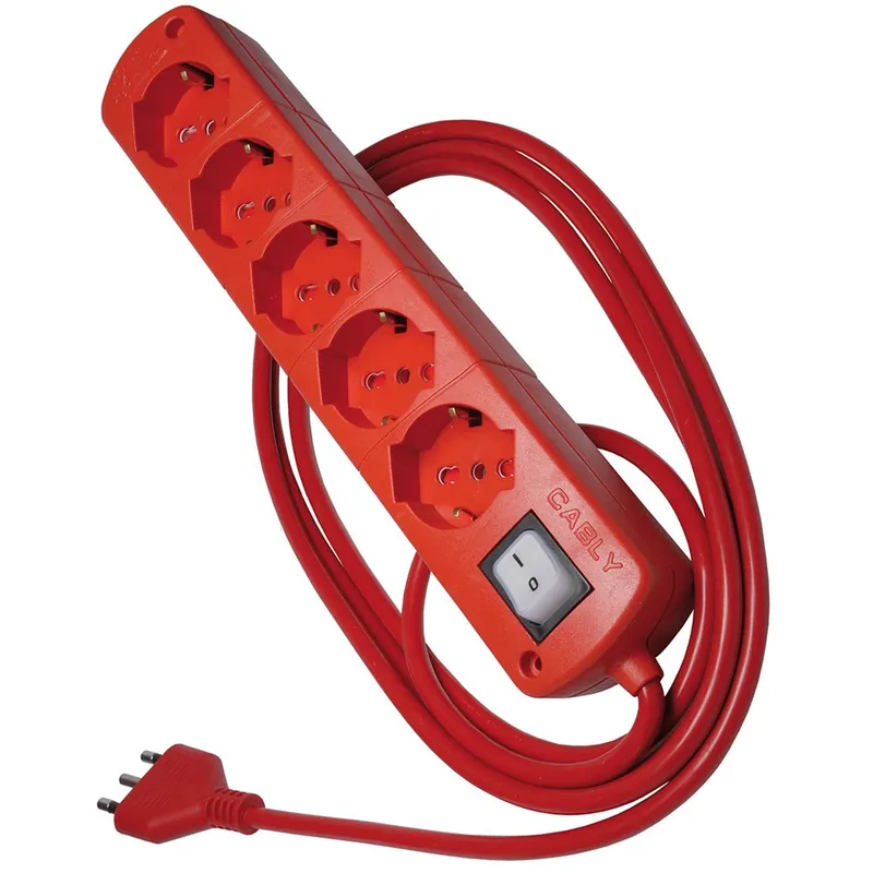 Presa Multipla Rossa CABLY 5 prese con interruttore e spina 16A - Le Prolunghe Veilige Betaling