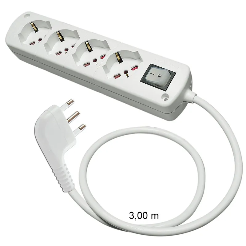 Presa Multipla Bianca CABLY 4 prese con interruttore, cavo 3m e spina 90° 16A - Le Prolunghe Populair