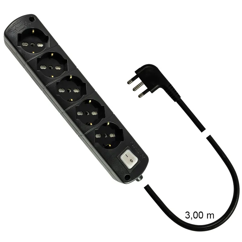 Presa Multipla Nera CABLY 5 prese con interruttore, cavo 3m e spina 90° 16A - Le Prolunghe Finale Uitverkoop