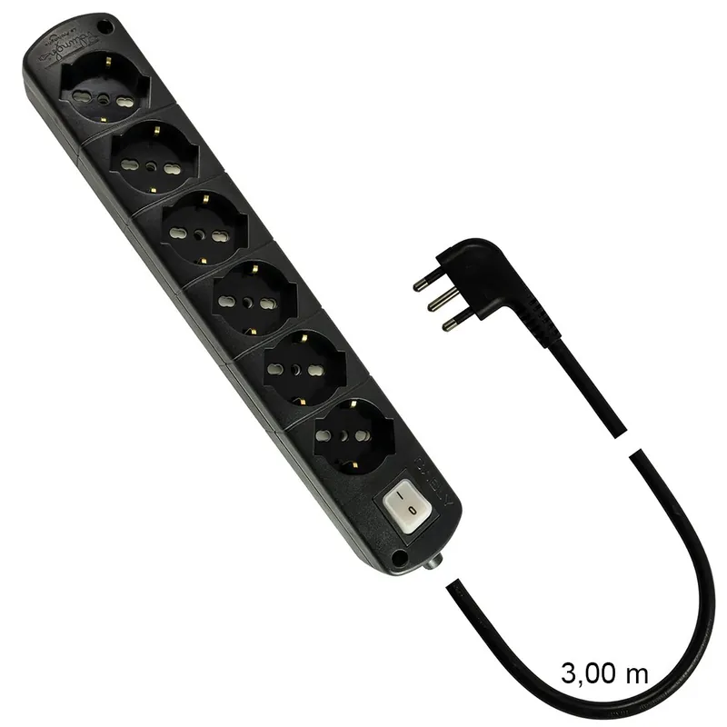 Presa Multipla Nera CABLY 6 prese con interruttore, cavo 3m e spina 90° 16A - Le Prolunghe Favoriet