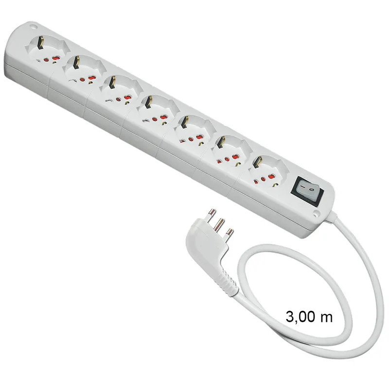 Hoge Kwaliteit Presa Multipla Bianca CABLY 7 prese con interruttore, cavo 3m e spina 90° 16A - Le Prolunghe