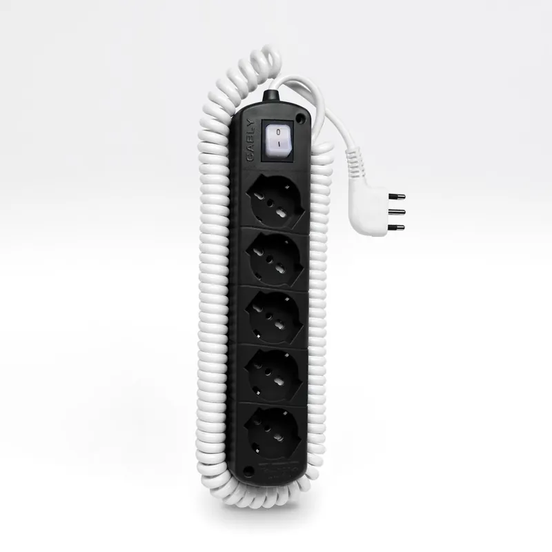 Snelle Levering Presa Multipla CABLY COLOR Nero con 5 prese, cavo spiralato e spina 16A - Le Prolunghe
