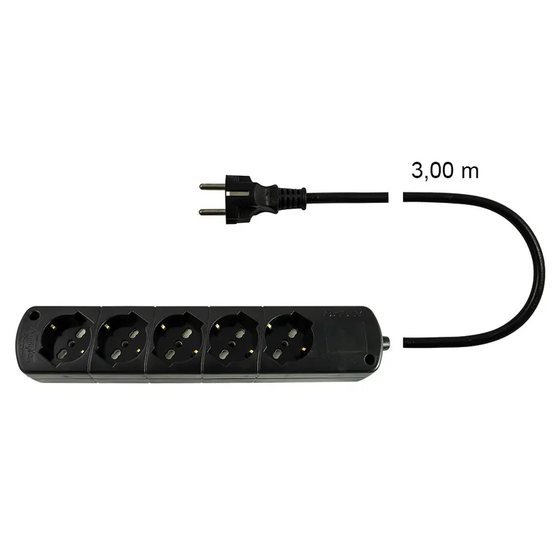 Presa Multipla Nera CABLY 5 prese, cavo 3m e spina Schuko - Le Prolunghe Op = Op
