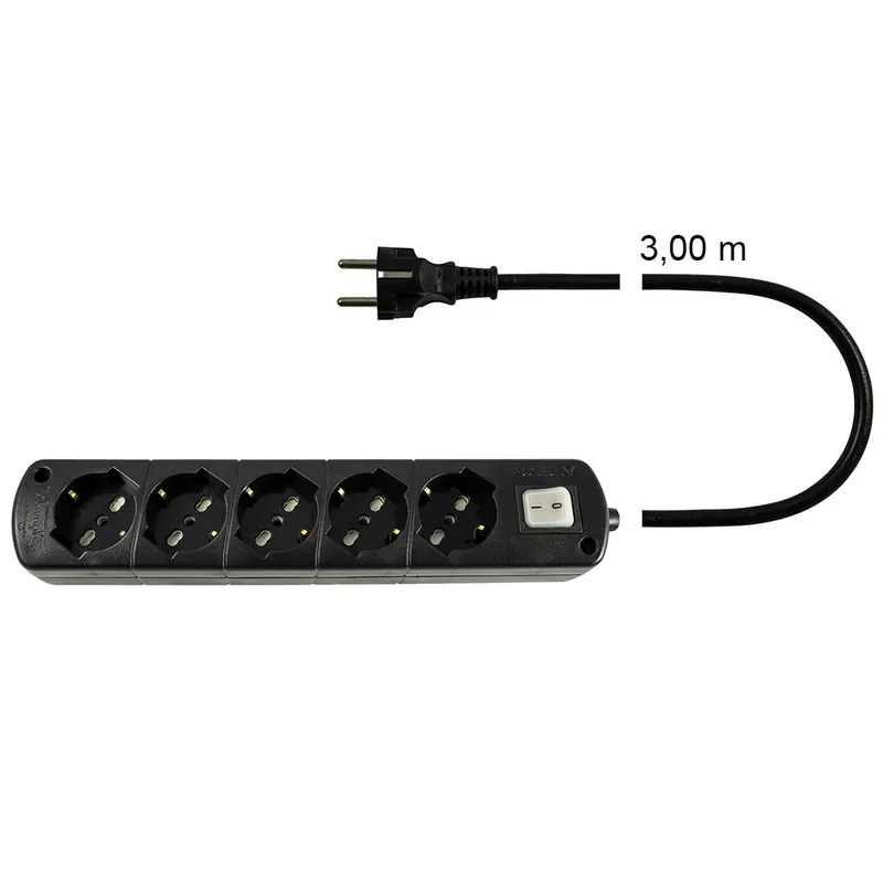 Presa Multipla Nera CABLY 5 prese con interruttore, cavo 3m e spina Schuko - Le Prolunghe Direct Verzonden