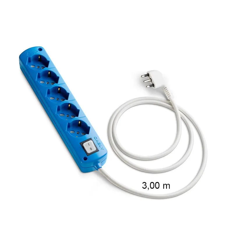 Presa Multipla CABLY COLOR Azzurro 5 prese, cavo lineare 3m e spina 90° 16A - Le Prolunghe Uitverkoop