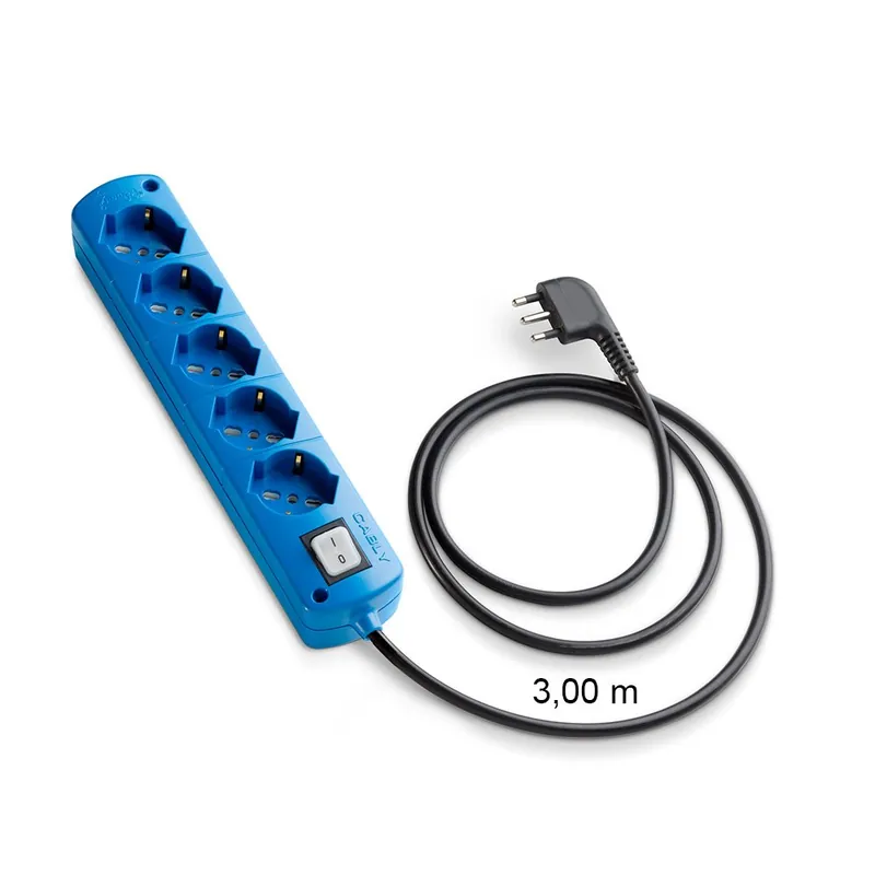 Presa Multipla CABLY COLOR Azzurro 5 prese, cavo lineare nero 3m e spina 90° 16A - Le Prolunghe Laatste Versie