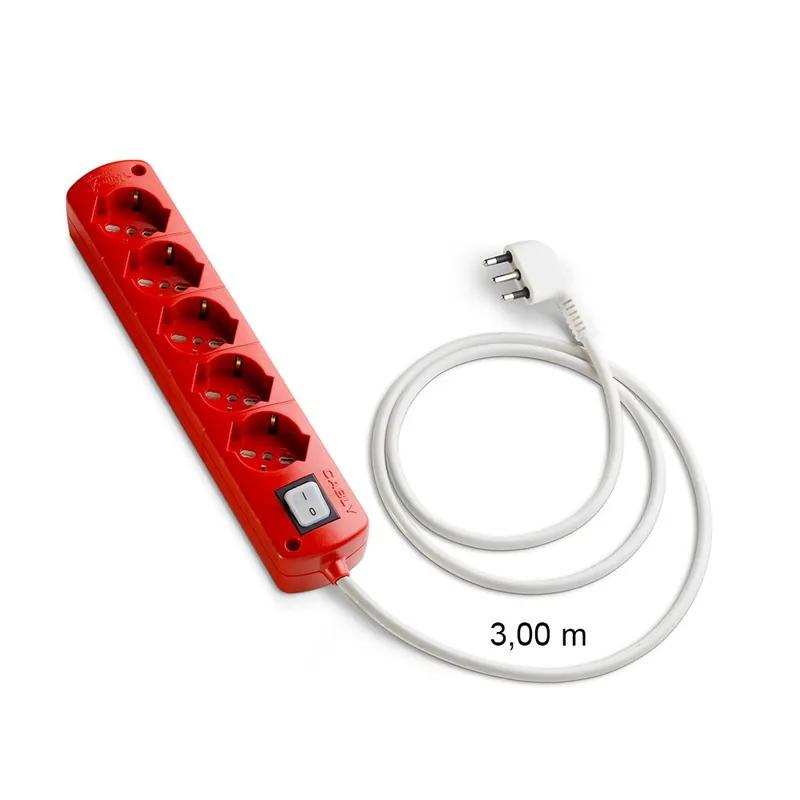 Presa Multipla CABLY COLOR Rosso 5 prese, cavo lineare 3m e spina 90° 16A - Le Prolunghe Merkproduct