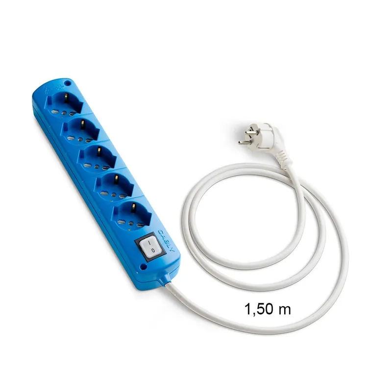 Presa Multipla CABLY COLOR Azzurro 5 prese, cavo lineare e spina Schuko 90° - Le Prolunghe Direct Verzonden
