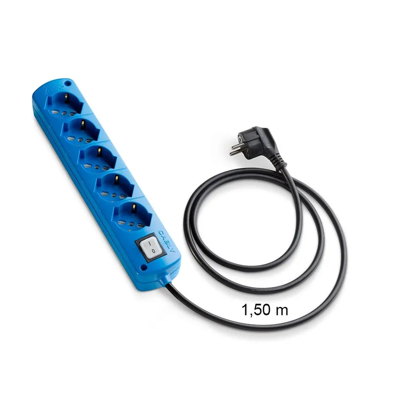 Presa Multipla CABLY COLOR Azzurro 5 prese, cavo lineare nero e spina Schuko 90° - Le Prolunghe Seizoensaanbieding