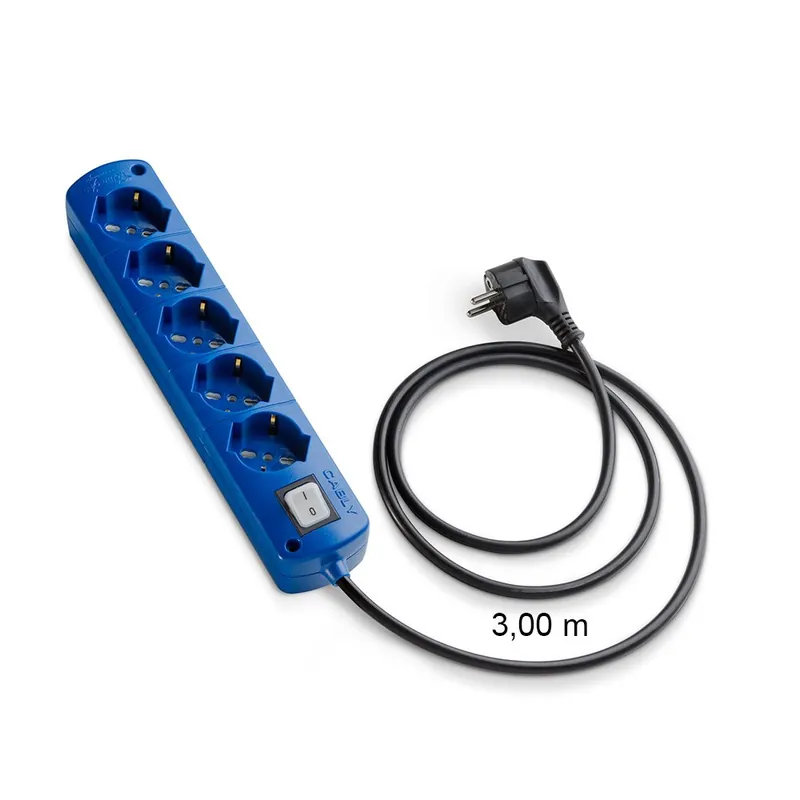 Koop Online Presa Multipla CABLY COLOR Blu 5 prese, cavo lineare nero 3m e spina Schuko 90° - Le Prolunghe