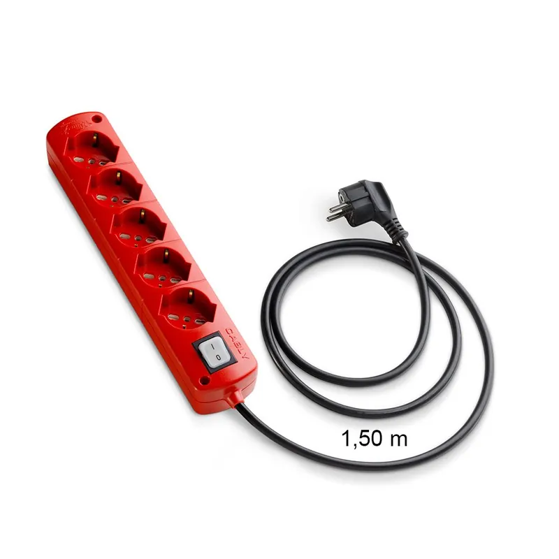 Presa Multipla CABLY COLOR Rosso 5 prese, cavo lineare nero e spina Schuko 90° - Le Prolunghe Finale Uitverkoop