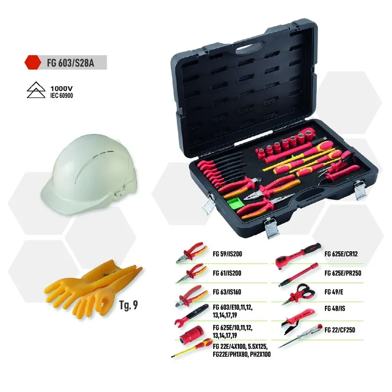 Kit 26 utensili isolati, con elmetto dielettrico e guanti dielettrici Tg. 9 - Fasano Tools FG 603/S28B Seizoensaanbieding