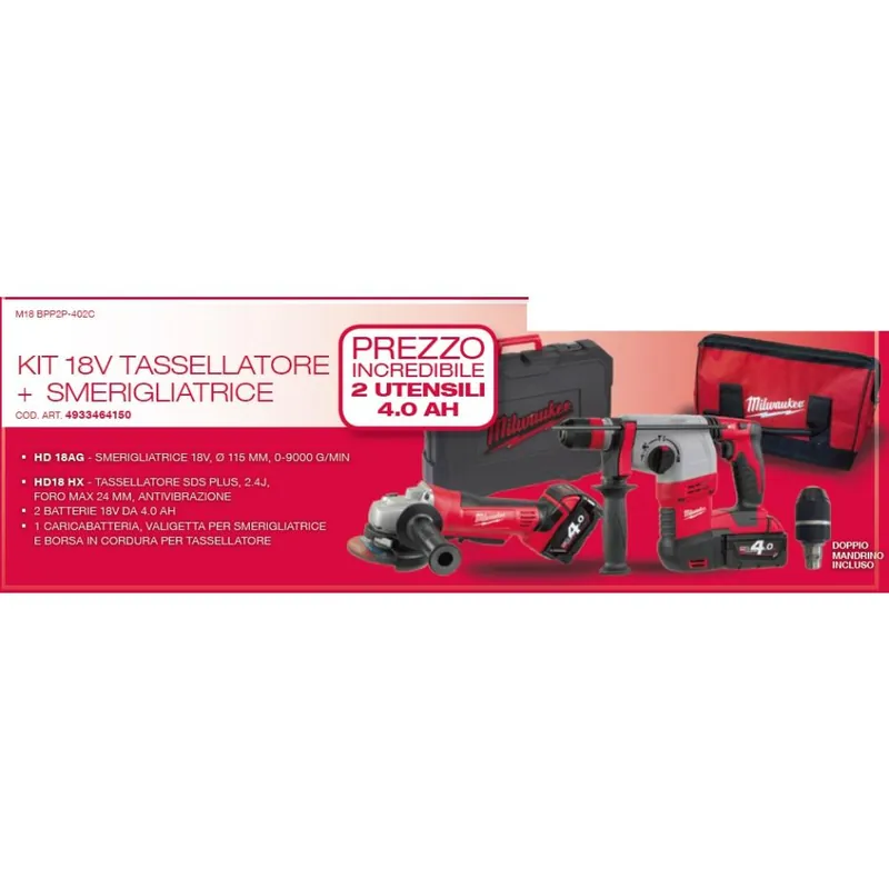 MILWAUKEE Elettroutensili Kit milwaukee 18 volt con smerigliatrice hd18ag e tassellatore hd18hx sds-plus+mandrino Lage Prijs