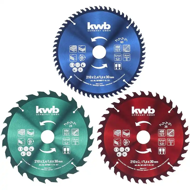 Actieprijs KWB Utensili Gruppo Einhell Set 3 lame per sega circolare mm 210x30 kwb germany disco 24-36-60 denti per taglio grosso, medio e fine