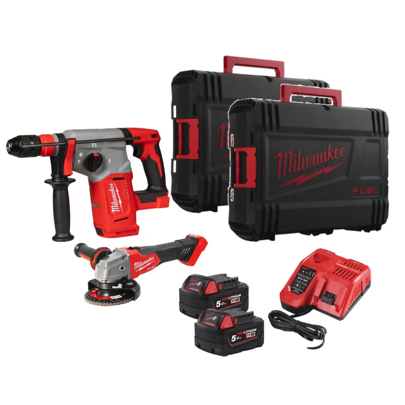 Seizoensaanbieding MILWAUKEE Elettroutensili Kit 2 utensili 18v milwaukee m18 pp2-502 con tassellatore blhx + smerigliatrice fsag125x + 2 batterie 5.0 ah + caricabatterie e valigette cod.4933498581