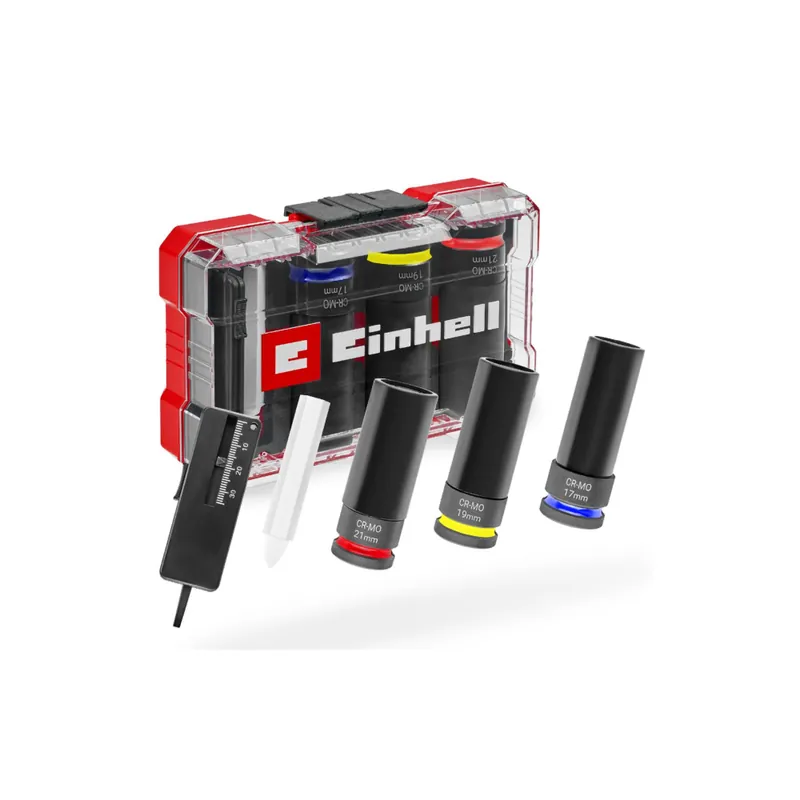 Koop Vandaag Einhell Set chiavi a bussola impact per bulloni dadi ruota misure 17-19-21mm con rivestimento antiurto, gesso bianco e misuratore prondità battistrada einhell 109273