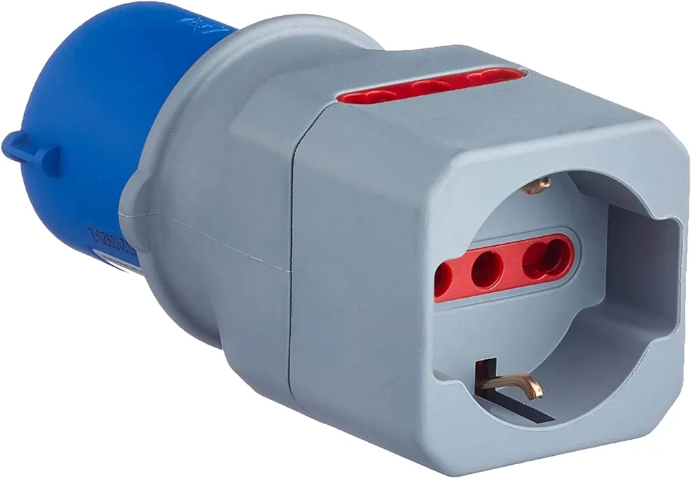 Adattatore Industriale da CEE a Schuko 2 Prese 10/16A Italiane, Blu Fabrieksprijs