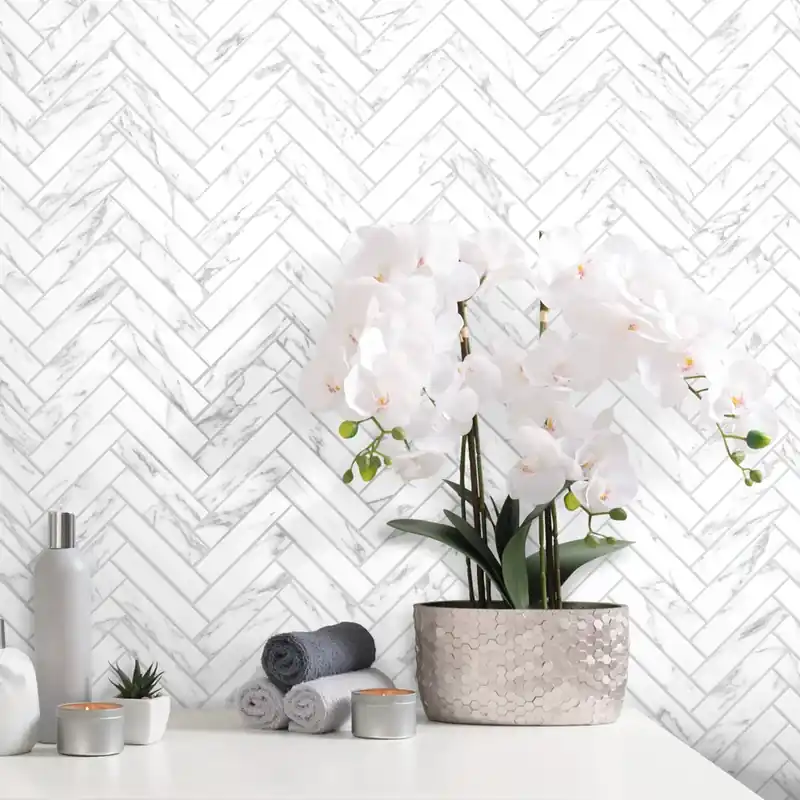 Veilige Betaling Prestige Herring Bones Carrara - Mosaico Spina di pesce su rete effetto marmo
