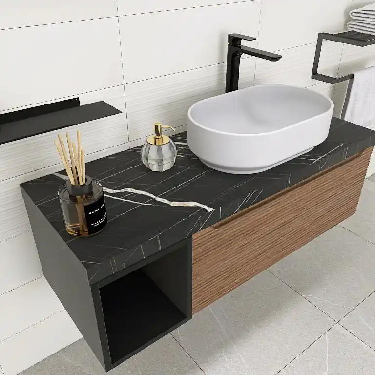 Penelope 02 - Mobile da Bagno Sospeso con Top Nero Marquinia e lavabo in appoggio Veilige Betaling